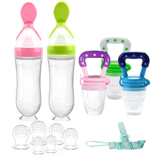 Food Feeder Baby Fruit Feeder Pacifier (3 Pcs) with 6 Different Sized Silicone Pacifiers 2 PCS Silicone Baby Food Dispensing Spoon 90ML with Infants Spoons Pacifier Clip Infant Fruit Teething Toy-Pink