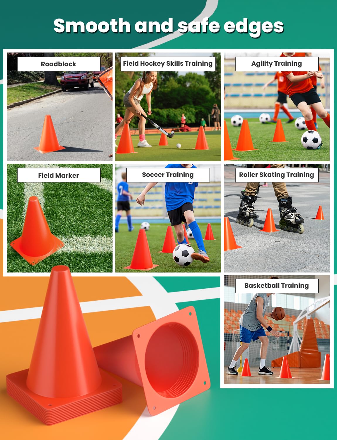 GHB 7 Inch Soccer Cones 12 Pack Disc Soccer Sport Cones Training Field Marker Agility Cones for Basketball, Coaching, Practice Equipment Includes Drills Guide (7" 12Pcs Orange)