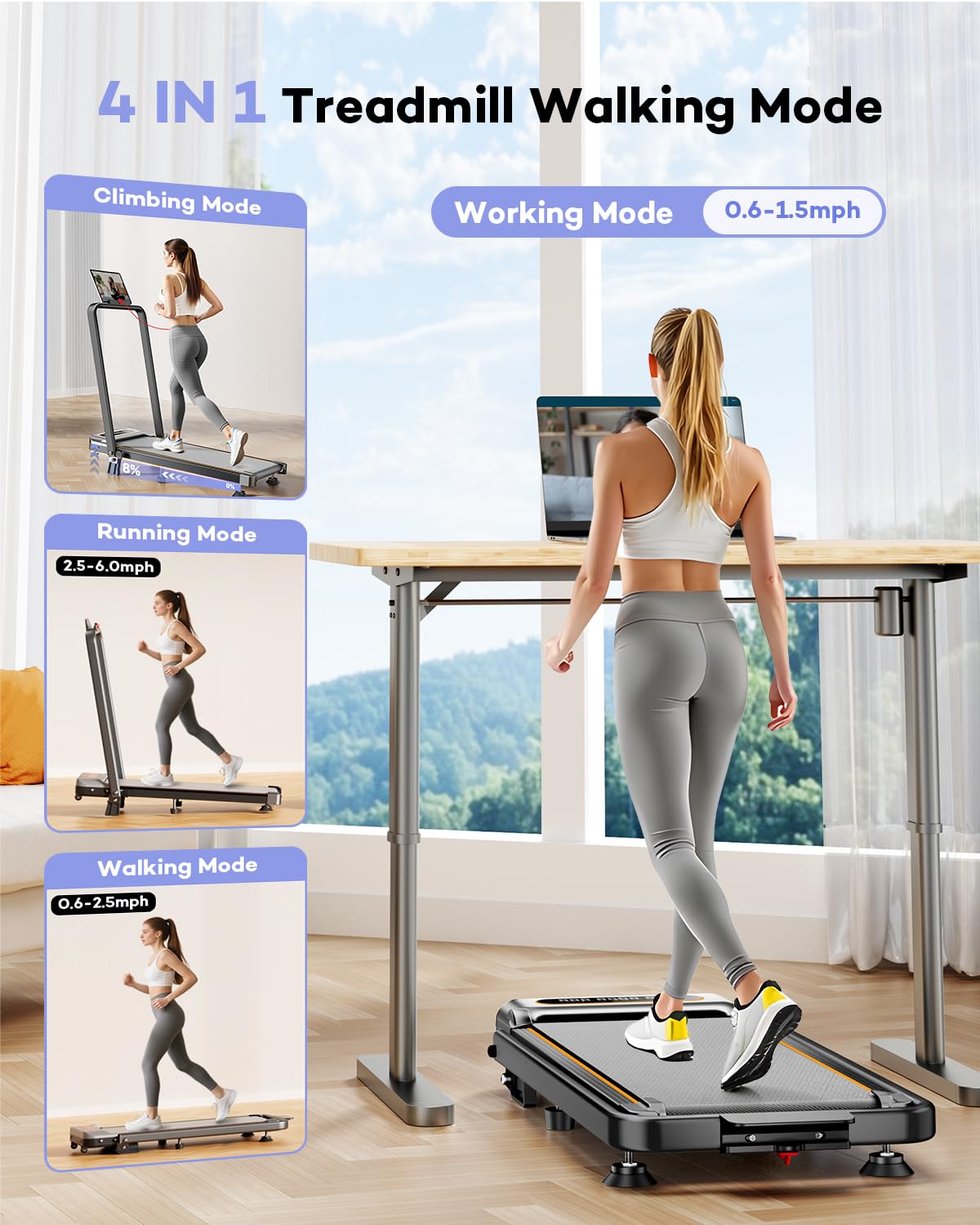 Foldable Treadmill with 8% Incline, Upgrade 3.5HP Low Noise Walking Pad Treadmill with Handle Bar, Trisomy 4 in 1 Portable Under Desk Treadmills for Home/Office, 330 Lbs Capacity, APP & Remote Control