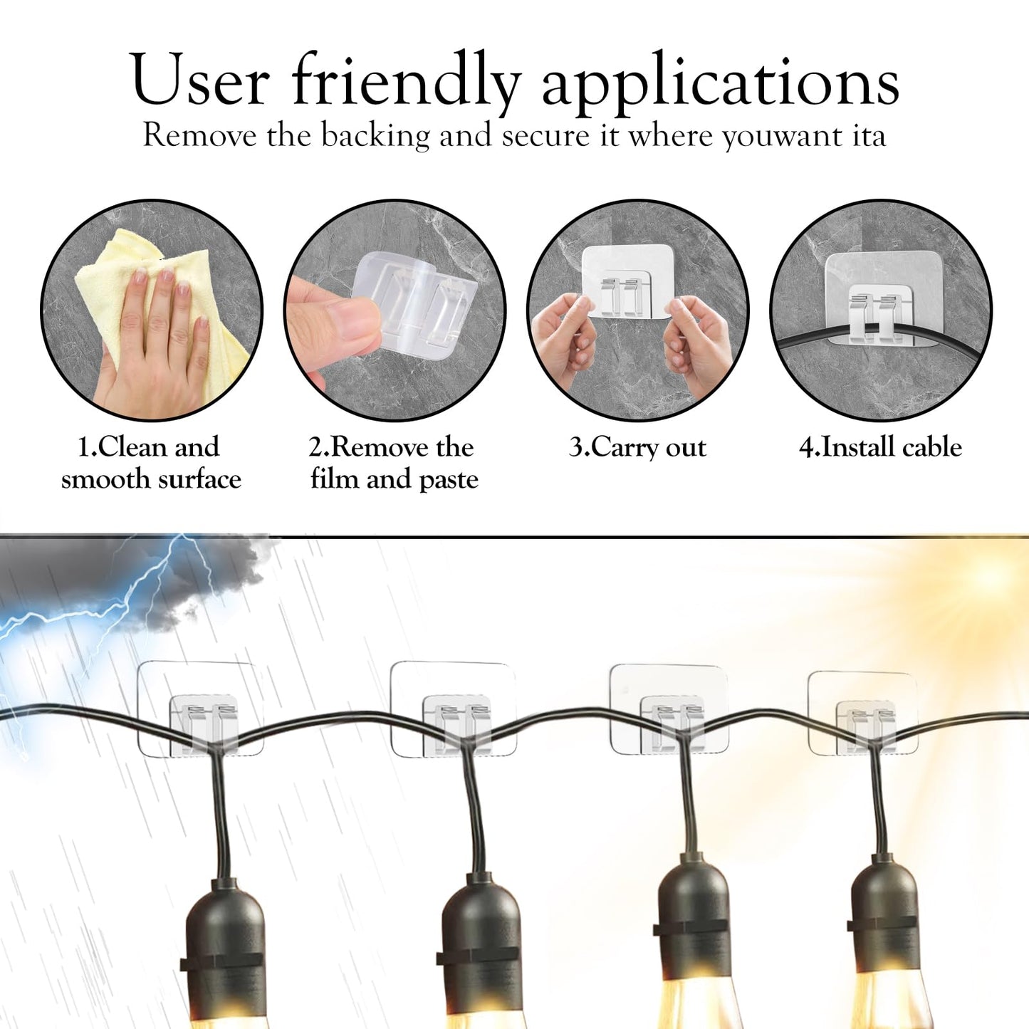 80Pcs Hooks for Outdoor String Lights Clips: Heavy Duty Cable Clips with Waterproof Adhesive Strips for Hanging Christmas Light - Outside UV-Resistant Clear Sticky Cord Holders Rope Organizer