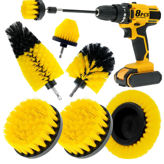 ETOUPA 8 Pcs Drill Brush Attachment Set, Power Cleaning Scrub Brush Kit with Extend Long Attachment, All Purpose Drill Scrub Brushes for Car, Grout, Floor, Tub, Bathroom and Kitchen (Yellow)