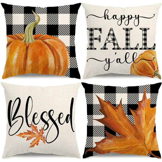 KISVODS Fall Pillow Covers 18x18 Thanksgiving Farmhouse Decorations Buffalo Plaid Pumpkin Maple Leaf Outdoor Fall Decor Throw Pillow Covers Blessed Autumn Harvest Cushion Case for Sofa Couch Set of 4