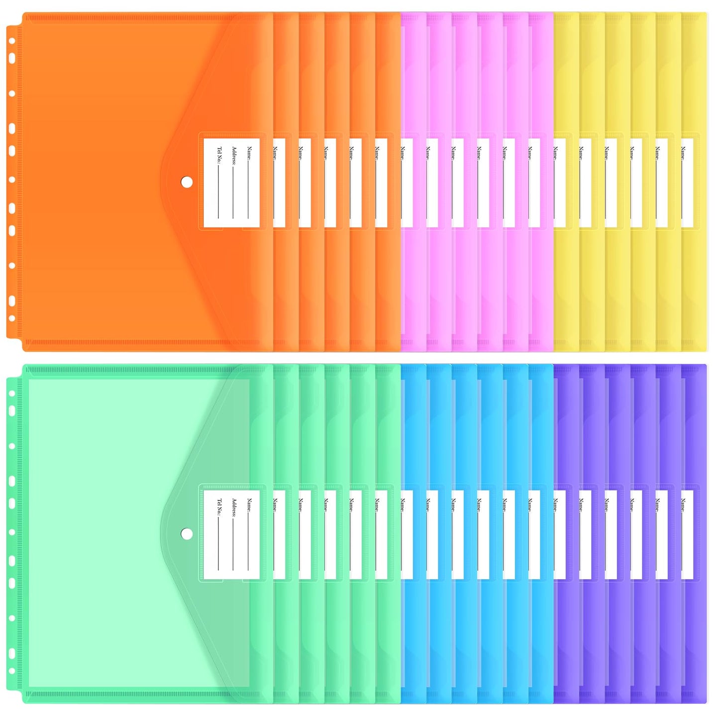EOOUT 30pcs Binder Pocket, Binder Pockets for 3 Ring, Binder Folders, 11 Holes, Letter Size, Snap Button Pouch with Label for School, Home and Office