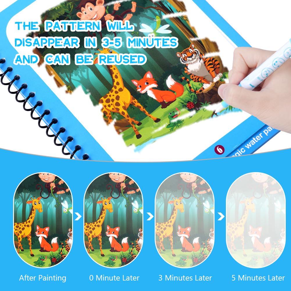 OSDUE Water Coloring Book for Toddler, 6 Pack Water Painting Book for Toddlers, Paint with Water Books, Educational Learning Doodle Toy, Reusable No-Mess Art Book Travel Toys & Xmas Gift for Kids