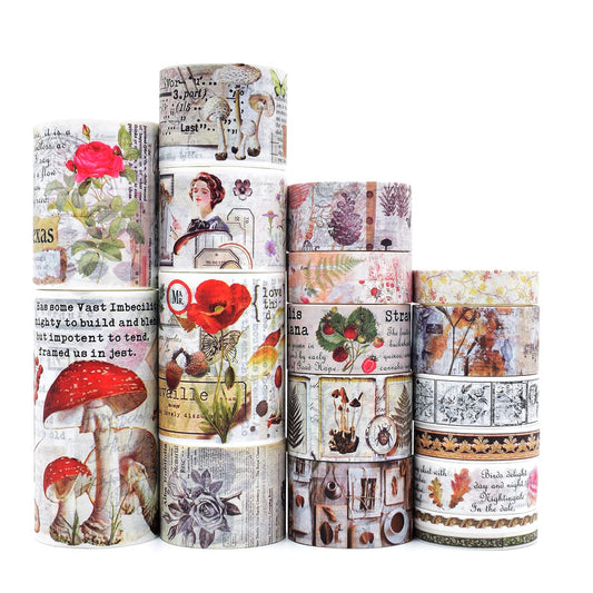 18 Rolls Vintage Washi Tape Set,Floral Letter Forest Butterfly Mushroom Botanical Flower Writable Decorative Tapes for Scrapbooking, Junk Journal Supplies,Bullet Journal Supplies, DIY Crafts Art