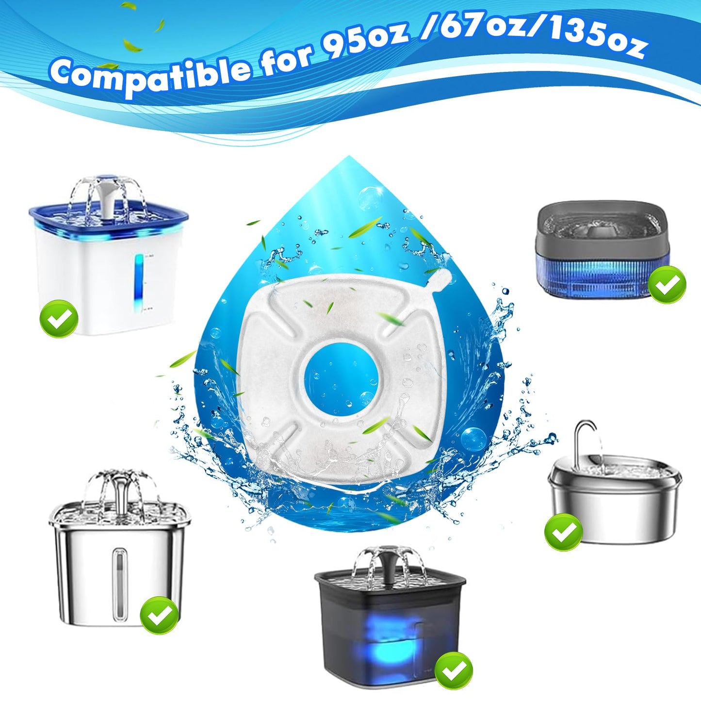 16 Pcs Cat Water Fountain Replacement Filters, 8 Pack Pet Fountain Filters 8 Pack Pre- Sponges Fit for 67oz, 95oz, 135oz Automatic Pet Fountain Dog Water Dispenser