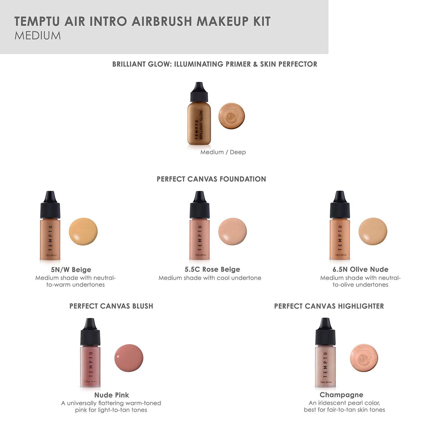 TEMPTU Air Intro Airbrush Makeup Kit in Medium: 9-Piece Set Includes Cordless Device, Refillable Makeup Cartridge, 3 Perfect Canvas Semi-Matte Foundations, Primer, Blush, Highlighter & Cleaner