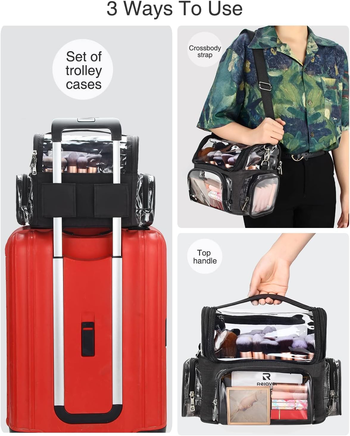 Relavel Rolling Makeup Train Case with Clear Makeup Brush Case, Hairstylist Traveling Bag with 4 Wheels, Heat Insulation Full Layer, Adjustable Dividers, Hair Tools and Cosmetics Storage Organizer