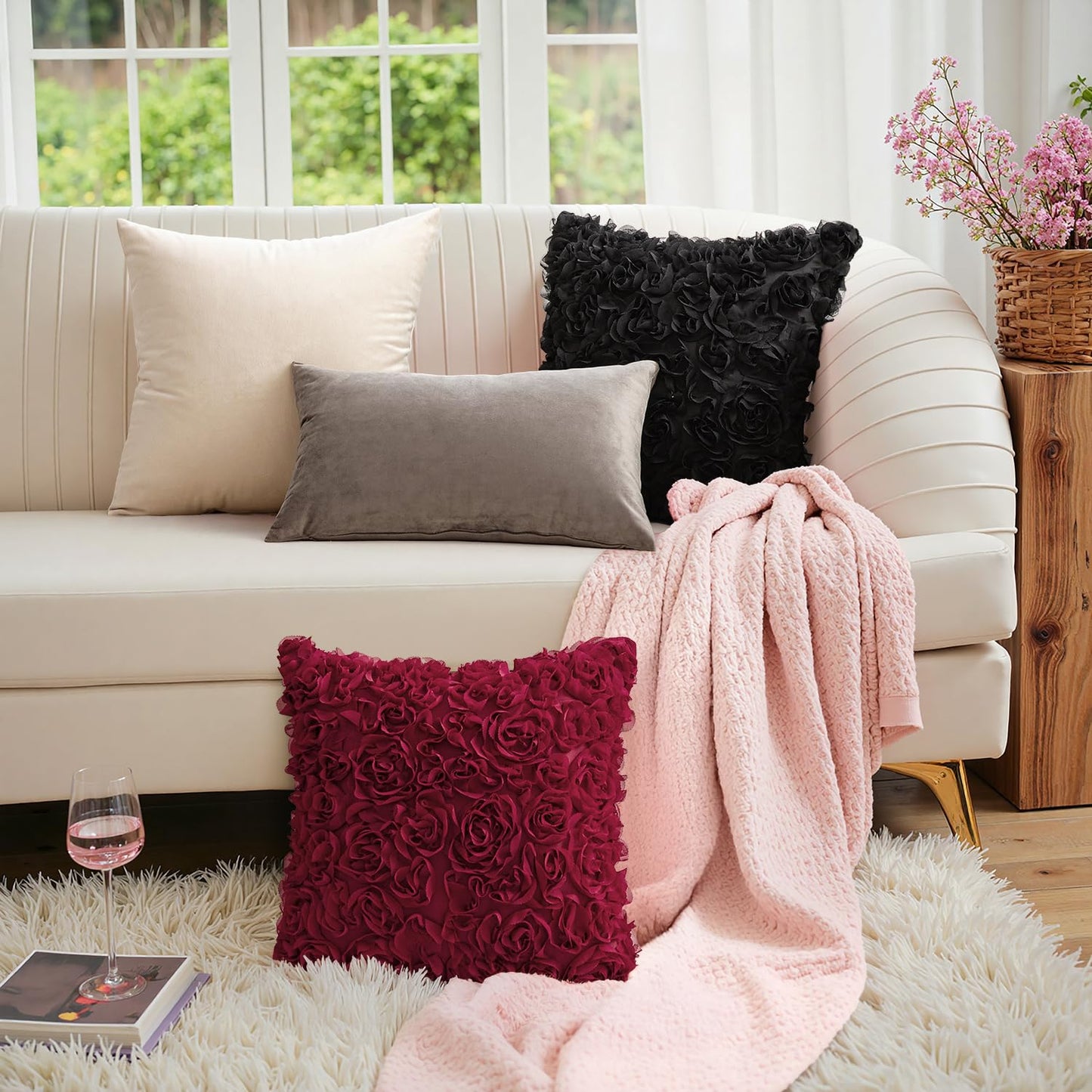 MIULEE 3D Decorative Romantic Valentines Stereo Chiffon Rose Flower Throw Pillow Cover Solid Pillowcase for Girl Women Wedding Sofa Bedroom Car Decor 12x20 Inch 30x50cm Wine Red