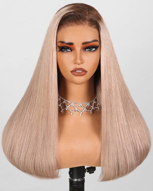Arabella 5x6 Ready to Go Glueless Wigs Human Hair 20/Ash Blonde Ombre Lace Front Wigs 100% Human Hair Real 230% Density Pre Cut Lace Pre Plucked Straight Wig Human hair (16inch, 5X6 Straight Wig)