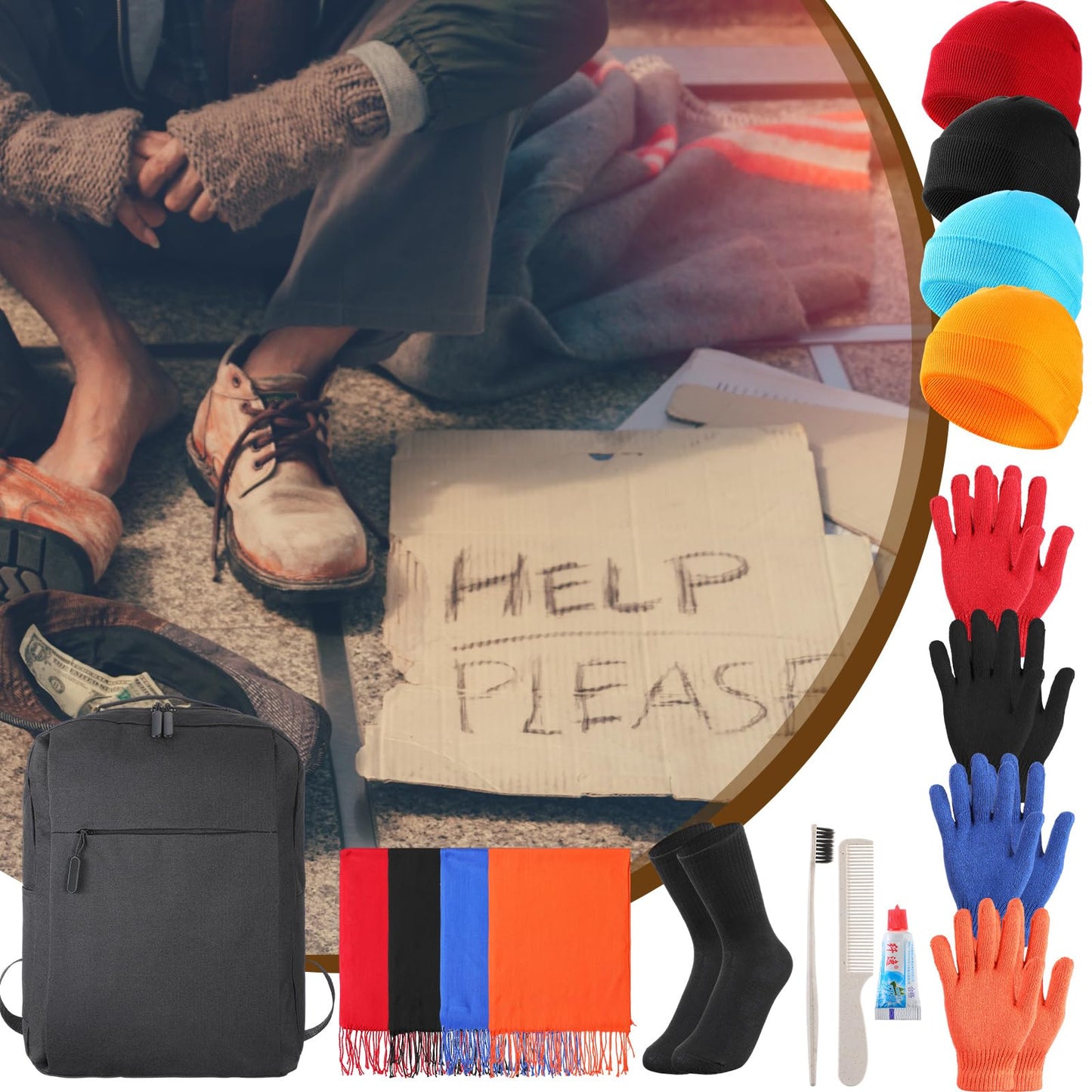 Panitay 12 Sets Homeless Care Package Supplies Bulk Include Travel Size Toiletries Kit Hat Scarves Gloves Socks and Backpack for Emergencies, Homeless, Charity Winter Survival Item