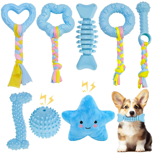 MRSOHRET Puppy Toys, 8 Pack Puppy Chew Toys for Teething, Cute Blue Small Dog Toys Set, Teething Toys for Puppies, Soft Durable Interactive Chew Toy for Small Dogs