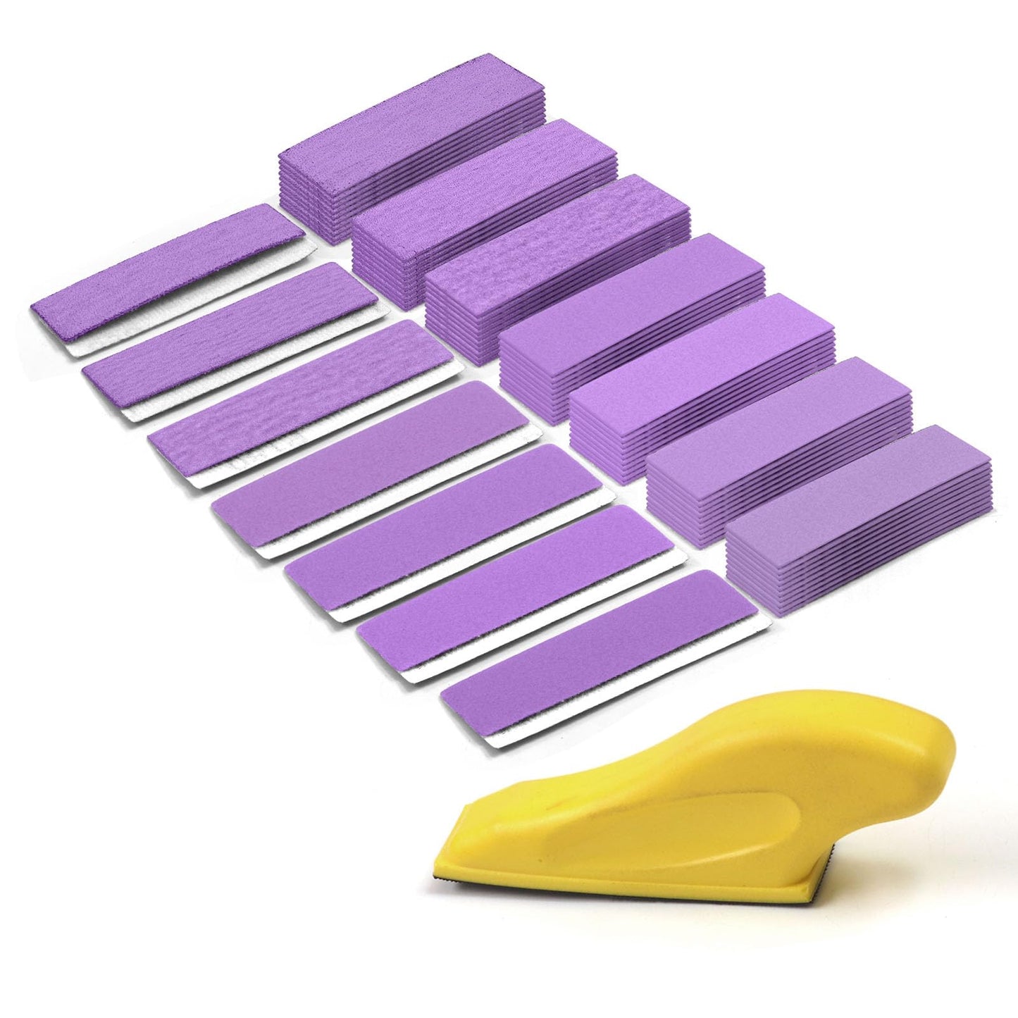 MAXMAN 70 Sheets Micro Detail Sand Paper Kit, 3.5”x 1”Hand Sanding Block for Small Projects Wet Dry Hook & Loop Alumina 80 to 600 Grit Sandpaper for Wood Crafts, Tight Narrow Spaces Metal Finishing