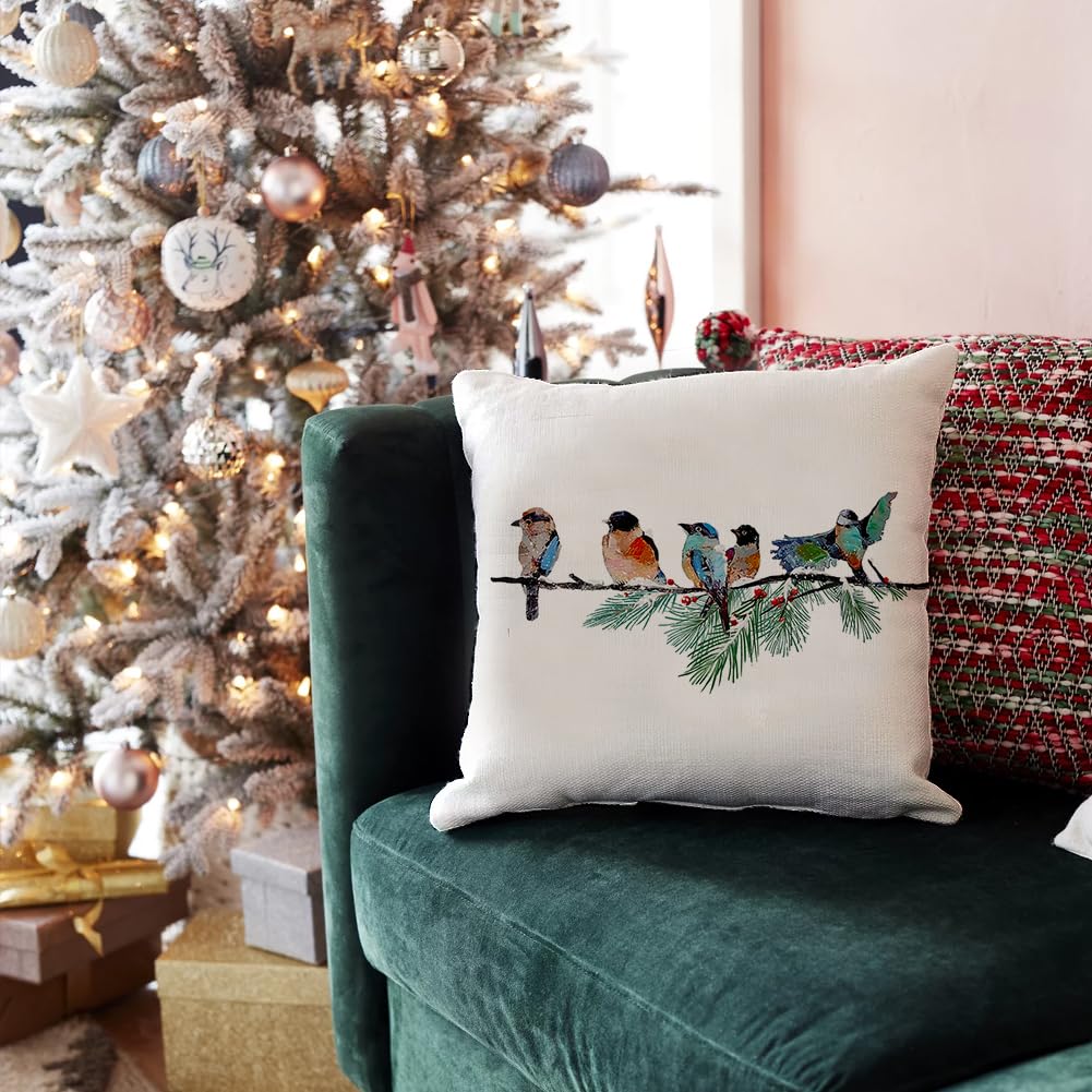 RABUSOFA Christmas Pillow Covers 18x18 Inch Birds Christmas Decorations Christmas Winter Throw Pillow Cases Xmas Outdoor Birds Decor Decorative Pillows for Couch Holiday Teal