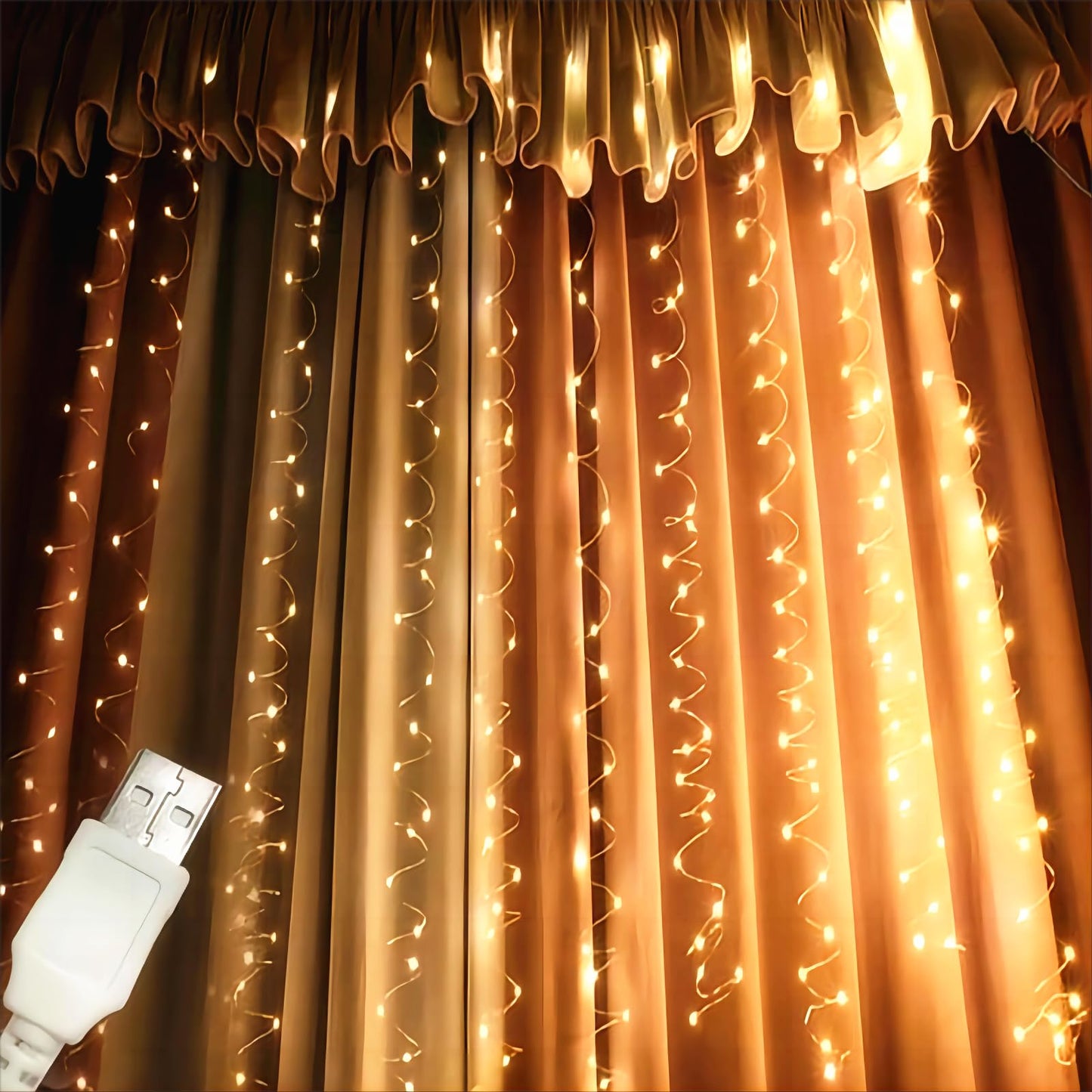 Honche 300Led Cuttable Curtain String Lights 10x10ft with Remote Window Lights for Bedroom Wedding Party Festive Season Propose Marriage (Warm White)