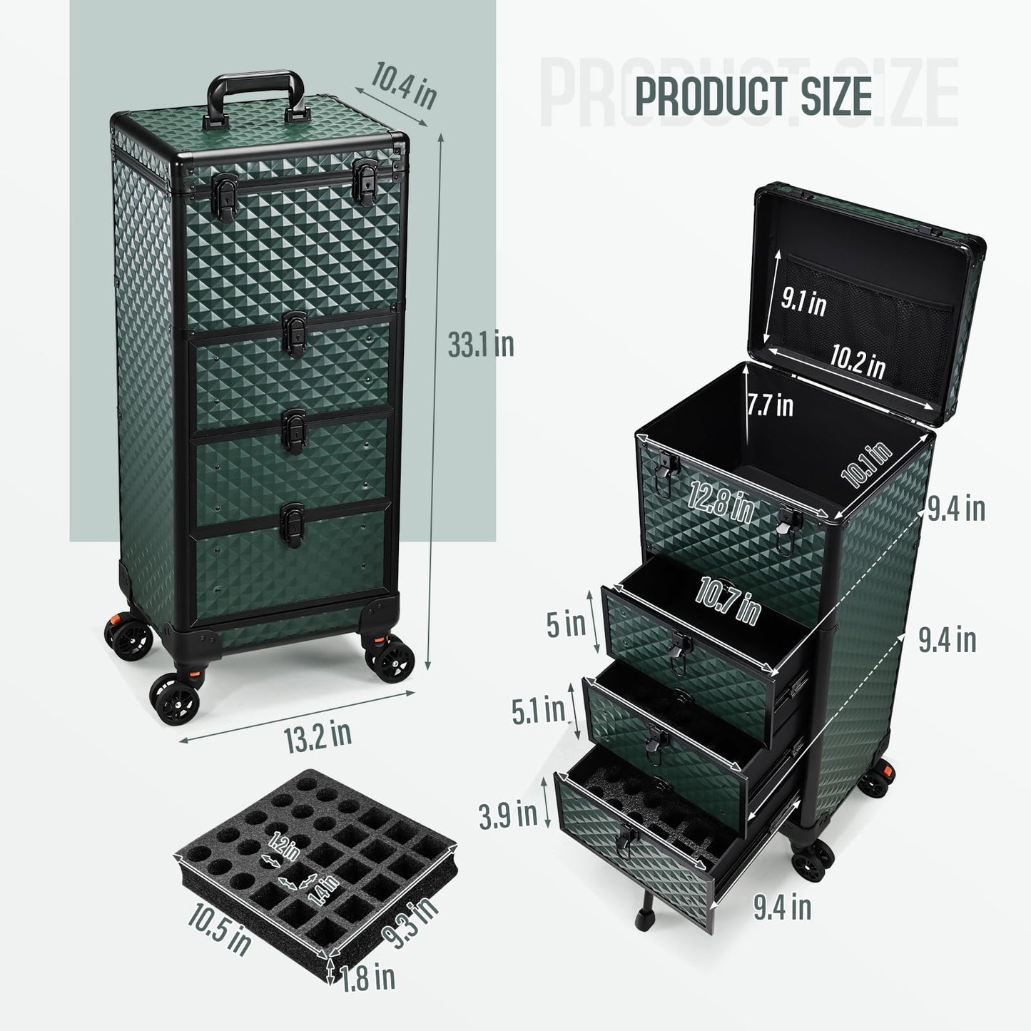 Yueieoun Salon Cart with 3 Drawers, Professional Trolley Cart for Beauty Salon, Rolling Train Case Makeup Organizer Case for Nail Tech (Dark Green)