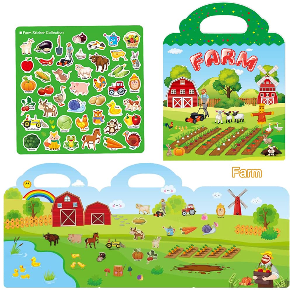 Reusable Sticker Books for Kids, 4 Sets Removable Toddler Sticker Book for Girls Boys Educational Learning Toys - Vehicle, Farm, Dinosaur & Zoo Animal