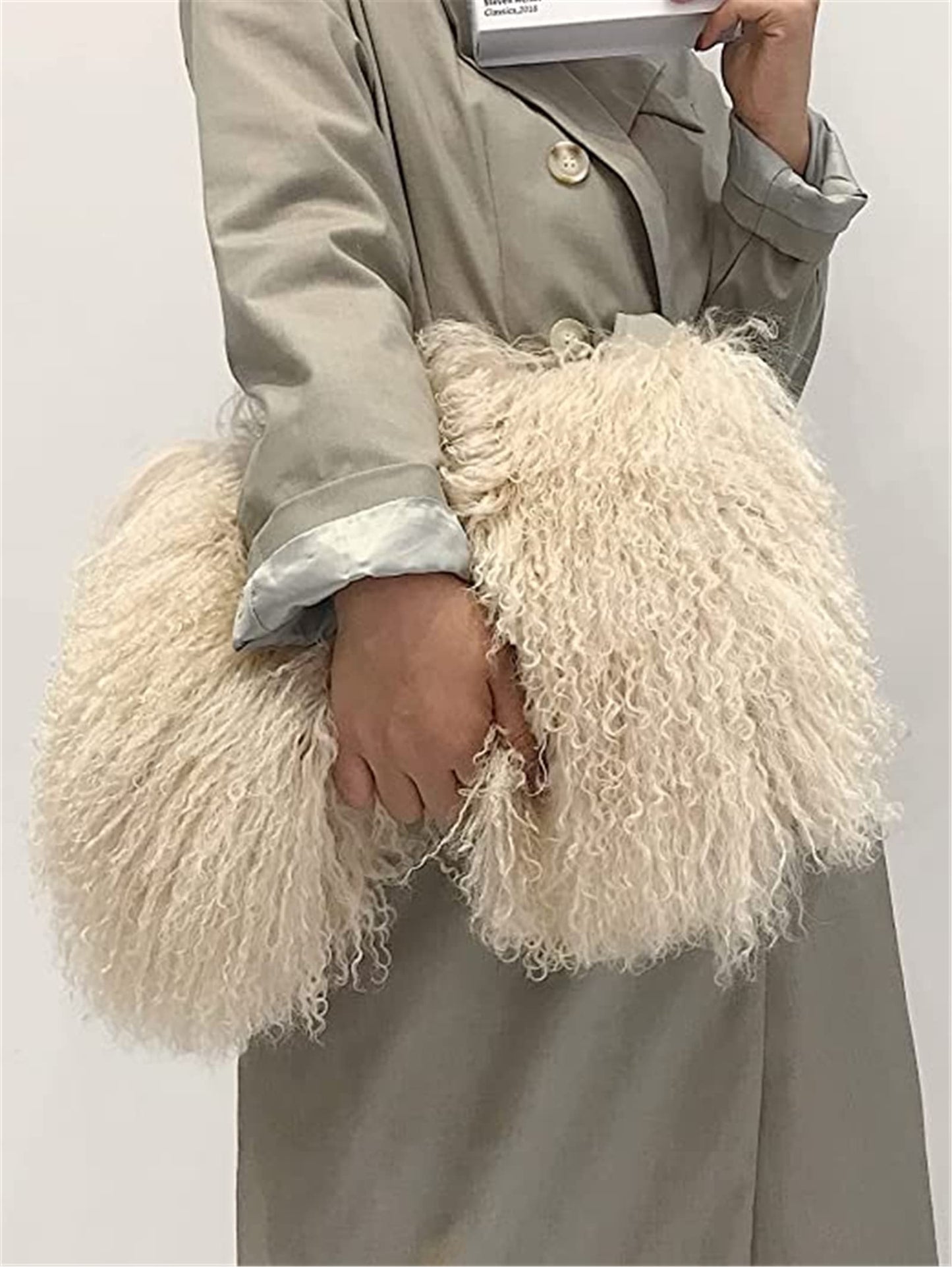 ME-01 Big Fluffy Fur Handbag With Real Mongolian Lamb Fur Long Curly Hair And Long Exchangeable Silver Chain Luxury Shoulder Bag Furry Clutch For Women (One Size, Apricot)