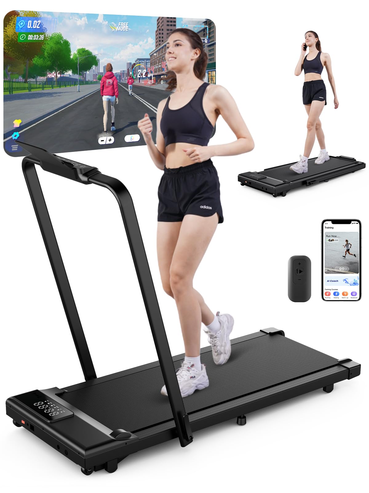 DeerRun 3 in 1 Walking Pad Treadmill, 300 Weight Capacity Foldable Treadmill, 3.0HP Low Noise Under Desk Treadmills for Home Office with Remote & APP