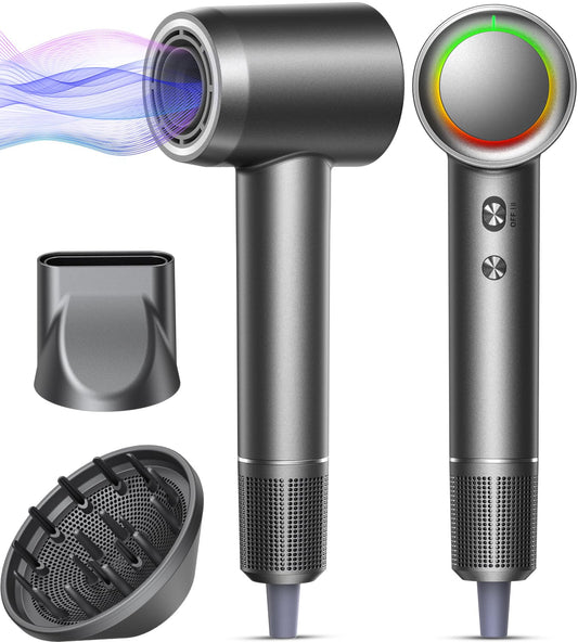 High-Speed Hair Dryer - 3 Min Fast Drying, Salon-Grade Blow Dryer with 500 Million Negative Ions, No Heat Damage, Low Noise, Lightweight, Professional Hairdryer with Diffuser & Nozzle, Gunmetal