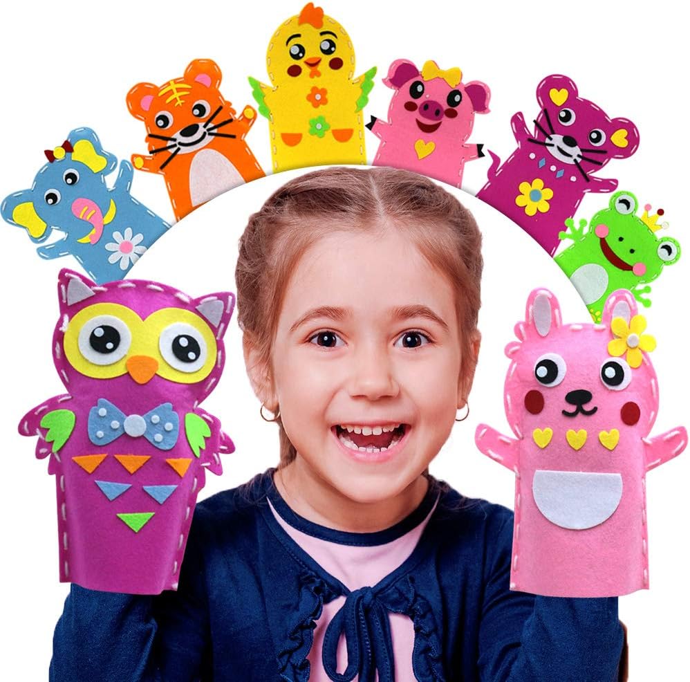 Creatoy Animal Hand Puppet Crafts Kit for Kids 8pcs Sewing Kits for Girls 4-9 Felt DIY Sewing Projects Toddler Activities Story Telling Pretend Play Christmas Gifts Party Favors Toys