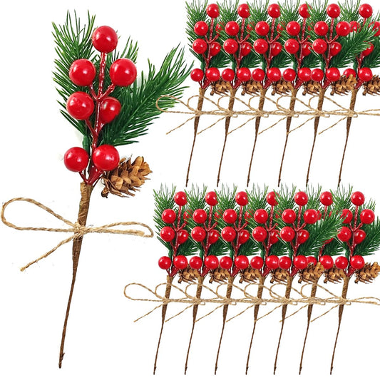TIHOOD 20PCS 8inch Pine Cone Red Berry Picks Stems Crafts Branch Christmas Wreath, Holly Artificial Evergreen Branches Tiny Pine Cones Picks Décor Floral Picks for Christmas Flower Wreaths DIY