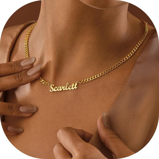 Personalized Name Necklace with Curb Chain, 18K Gold Plated Handmade Custom Family Choker Customized Child Nameplate Necklace Mother's Day Jewelry Gift for Mom, Wife (4 Names Necklace)