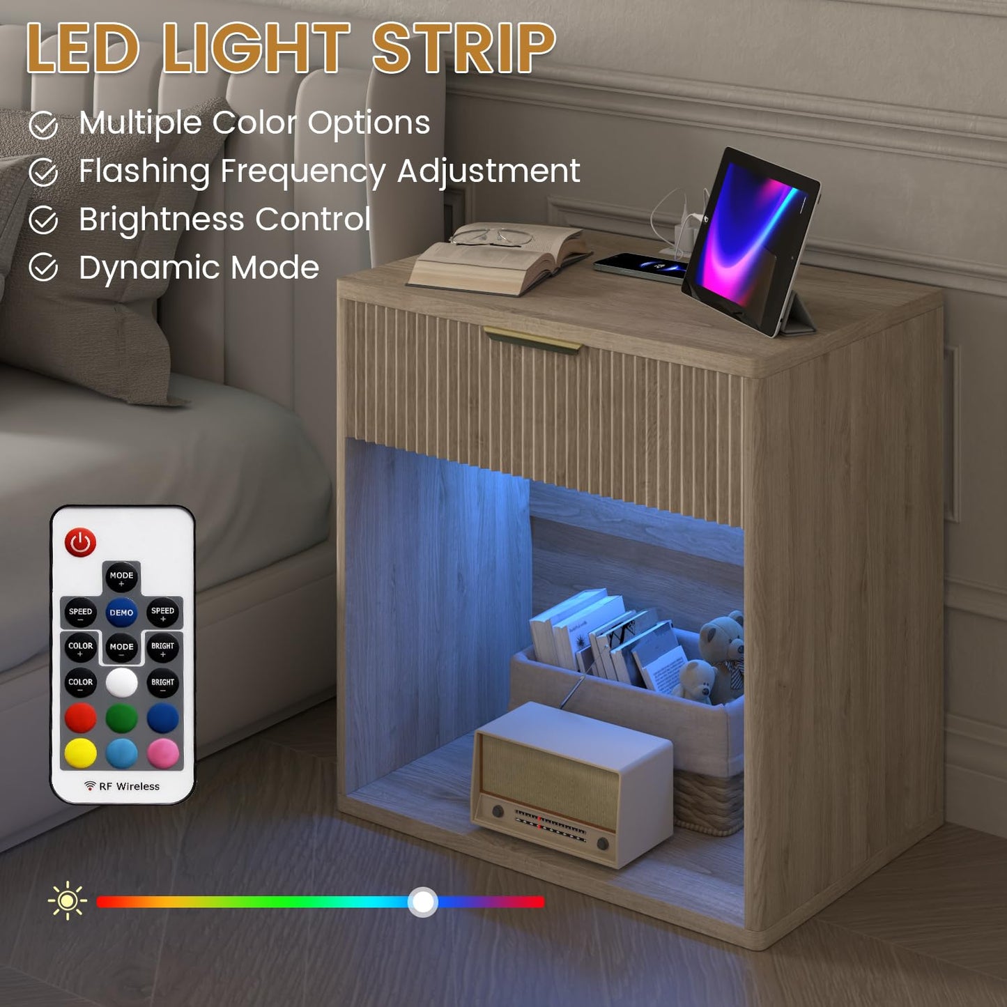 EROMMY Fluted Nightstand with Charging Station, 23” Wide Modern Bedside Table with Drawer, Mid Century Nightstand End Table for Bedroom, Curved Profile, Natural Oak