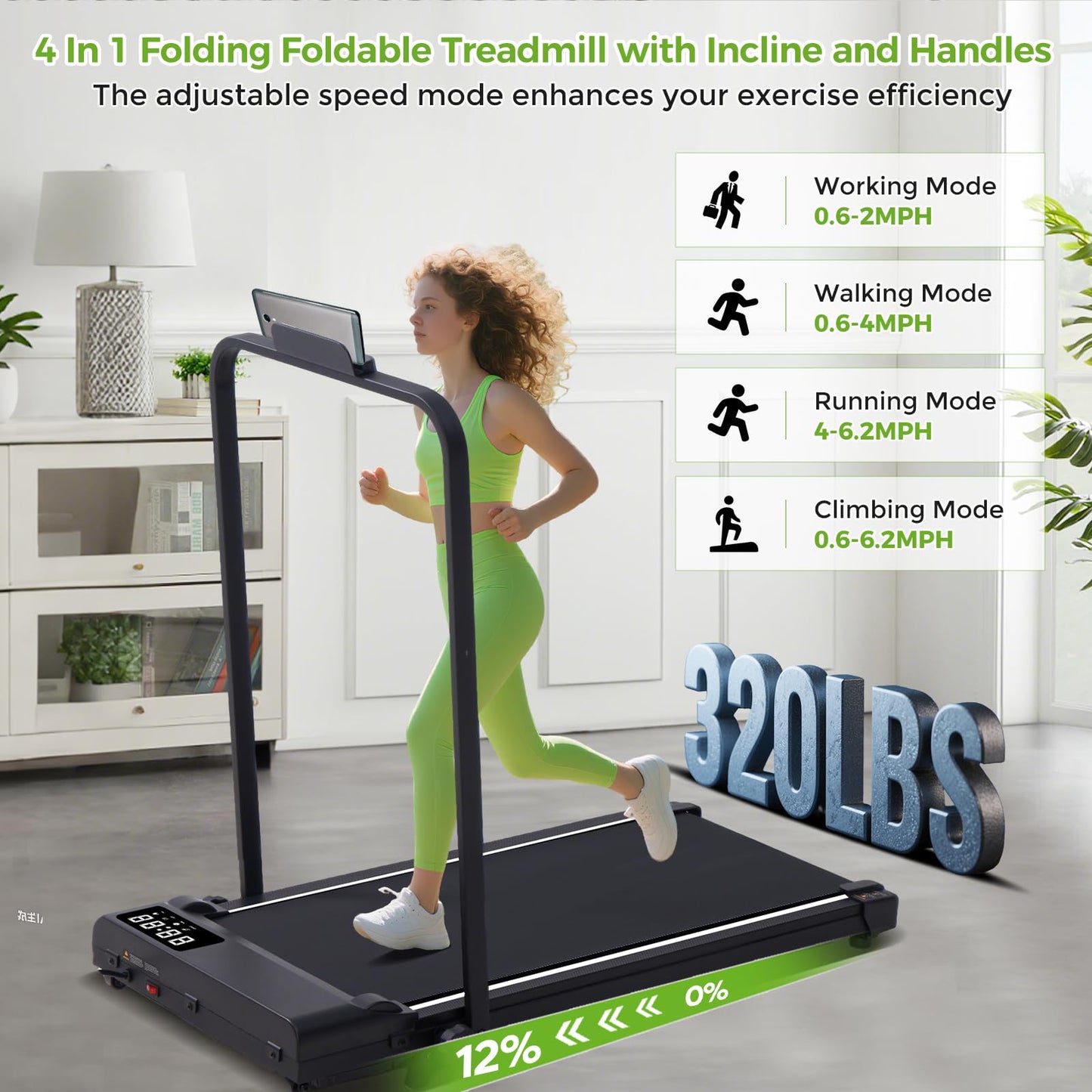 Walking Pad Treadmill with Incline & Handle Bar, 3.0HP Foldable Folding Treadmills for Home Small, Small Portable Treadmill with Handles, Walking pad with Incline and Handle bar, 320LB Capacity
