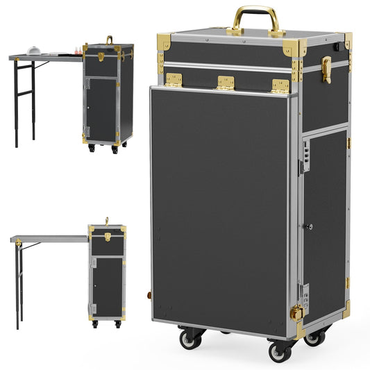 Icoget Portable Rolling Manicure Table for Nail Teach, Foldable Traveling Nail Desk w/Storage, Mobile Nail Table w/Audio and Mirror, Makeup Train Case Cosmetic Trolley, Black