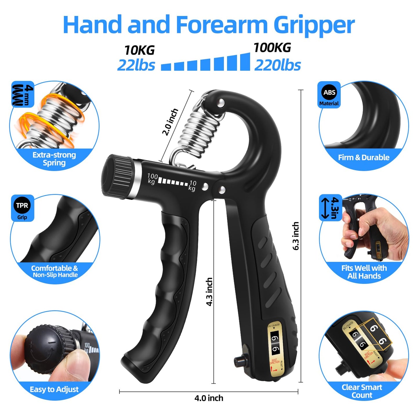 2PCS Grip Strength Trainer with 22-220Lbs (10-100kg) Adjustable Resistance, Hand Gripper, Forearm Strengthener, Finger Exerciser for Muscle Building and Injury Recovery