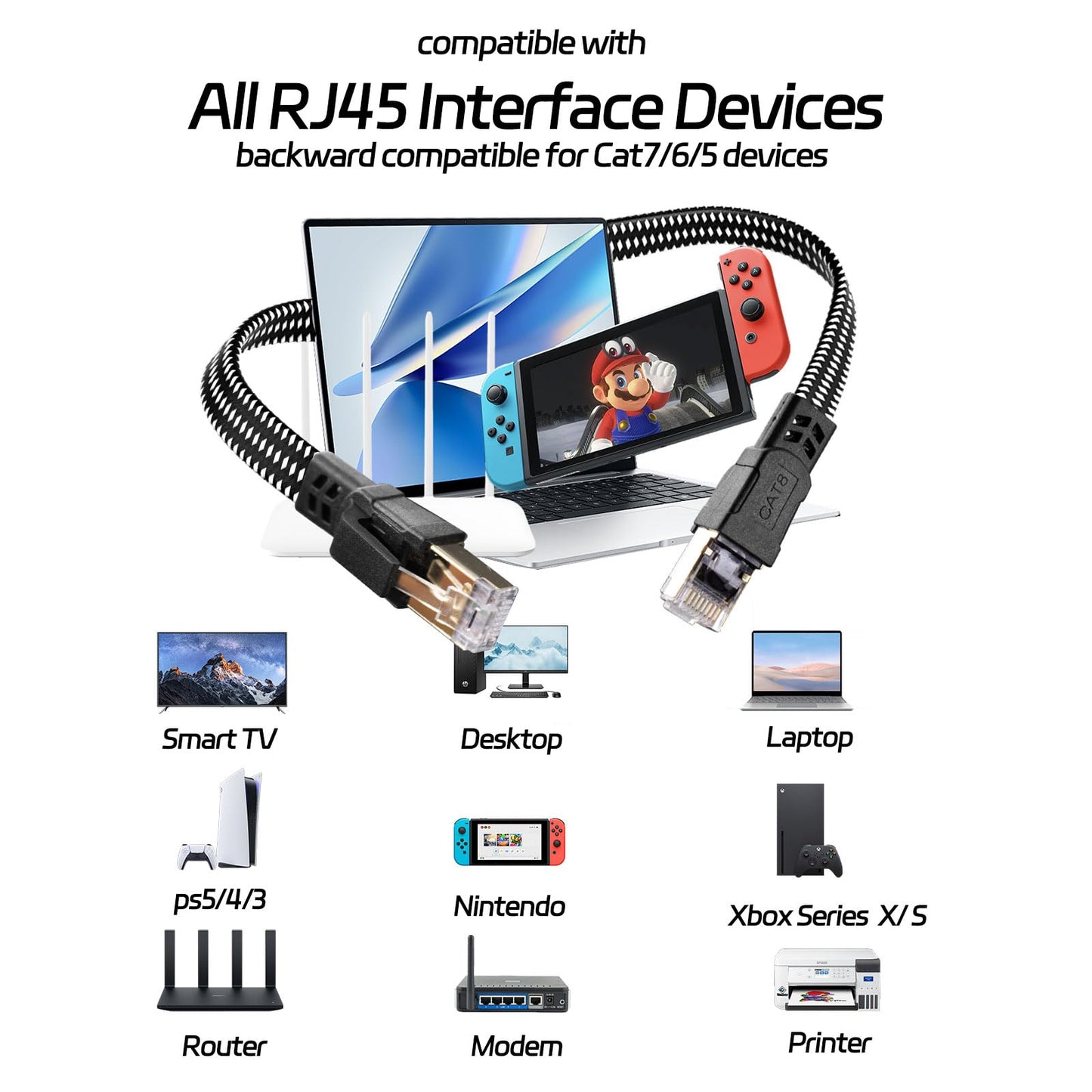 Ximhun Cat 8 Ethernet Cable 6 FT, High-Speed Braided Internet Cable Network Cord with RJ45 Connector 40Gbps 2000Mhz Heavy Duty LAN Cable Shielded Indoor