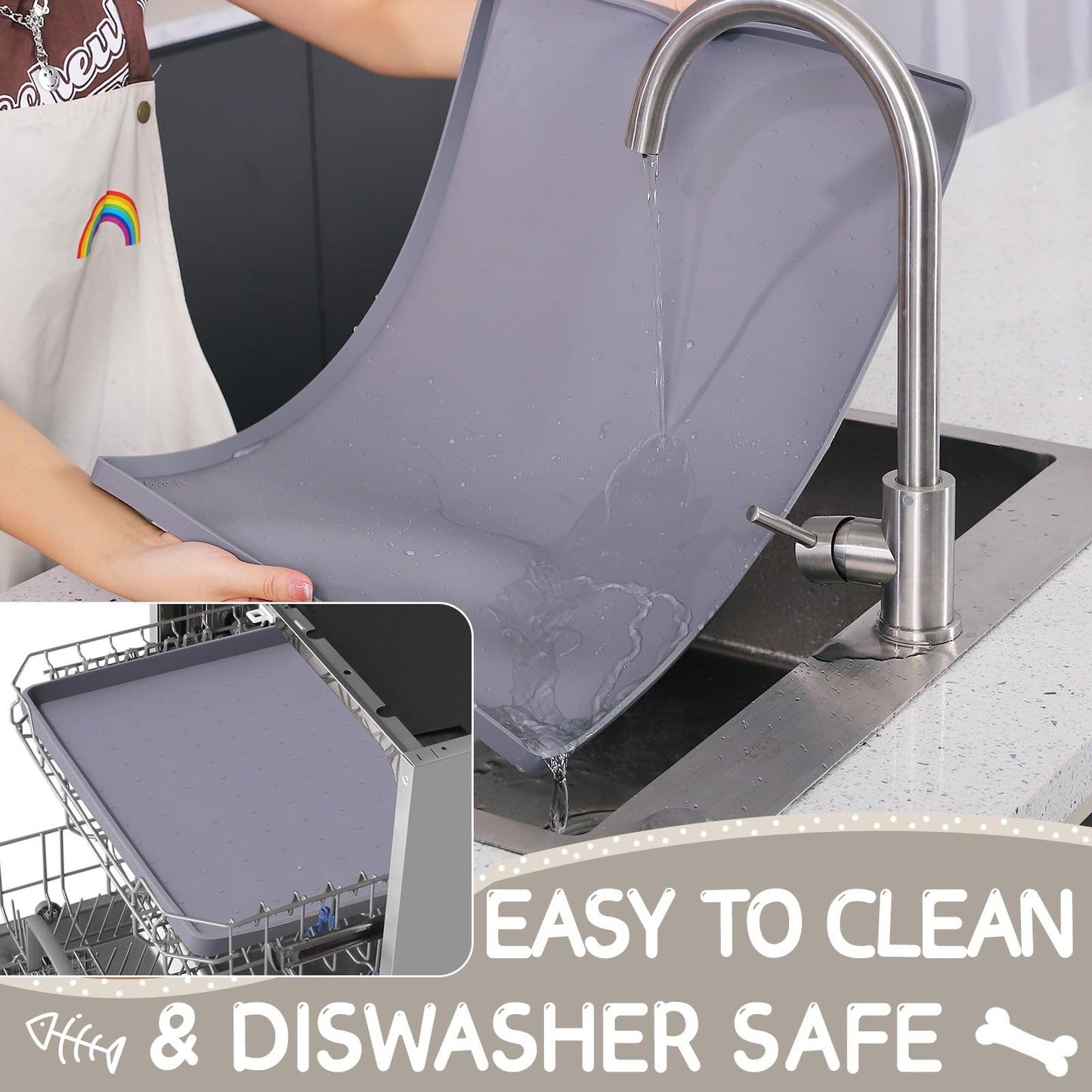 MateeyLife Silicone Cat & Dog Food Mat for Floors Waterproof, Anti-Slip Dog Bowl Mats for Food and Water, Pet Feeding Mats with Lip to Prevent Spills, Pet Placemat for Messy Drinkers to Protect Floors