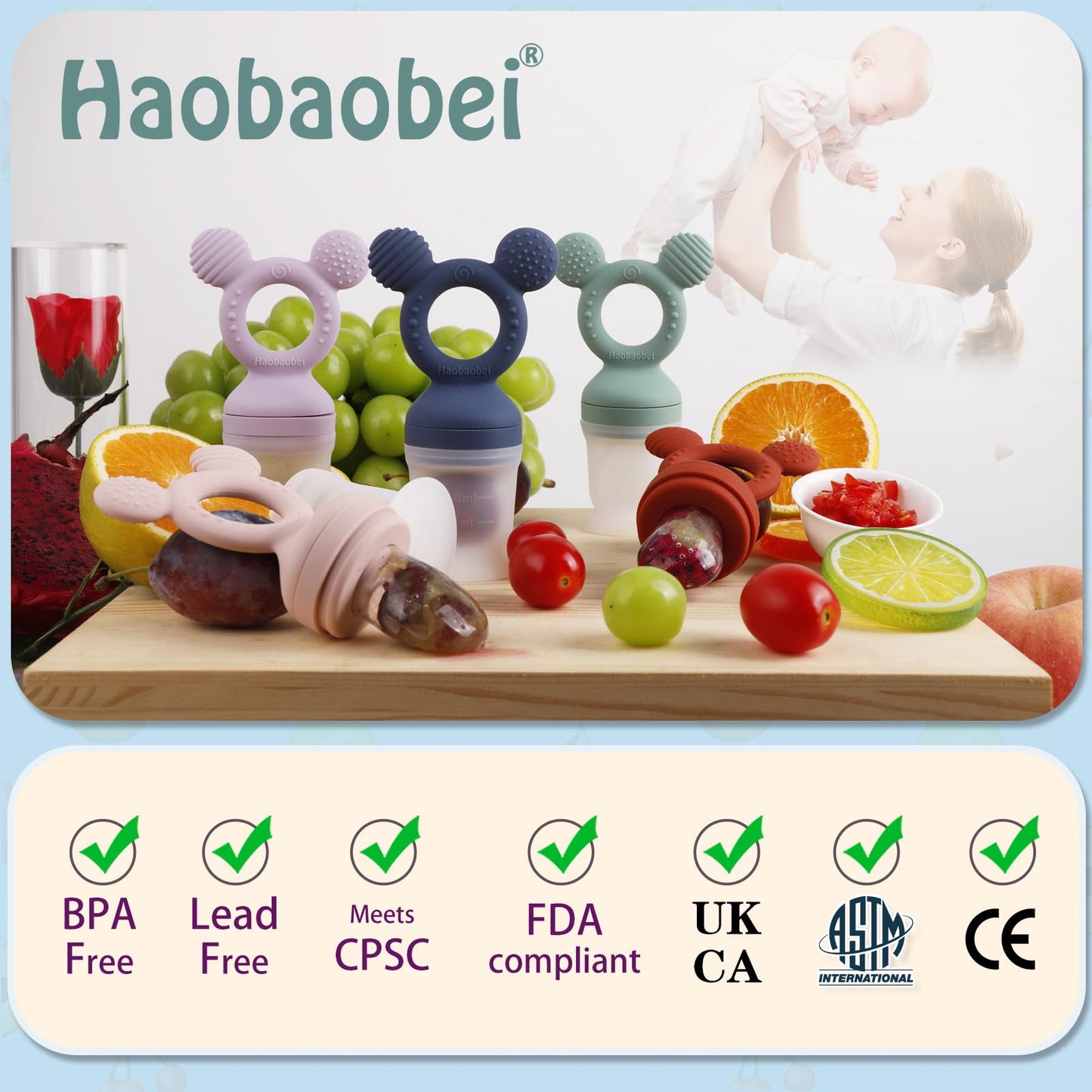 HAOBAOBEI Baby Fruit Feeder, Frozen Teething Toys, Infants Teether Pacifier with 3 Extra Teats, Toddler Eating Essentials, BPA Free Feeding Supplies (Steel Blue)