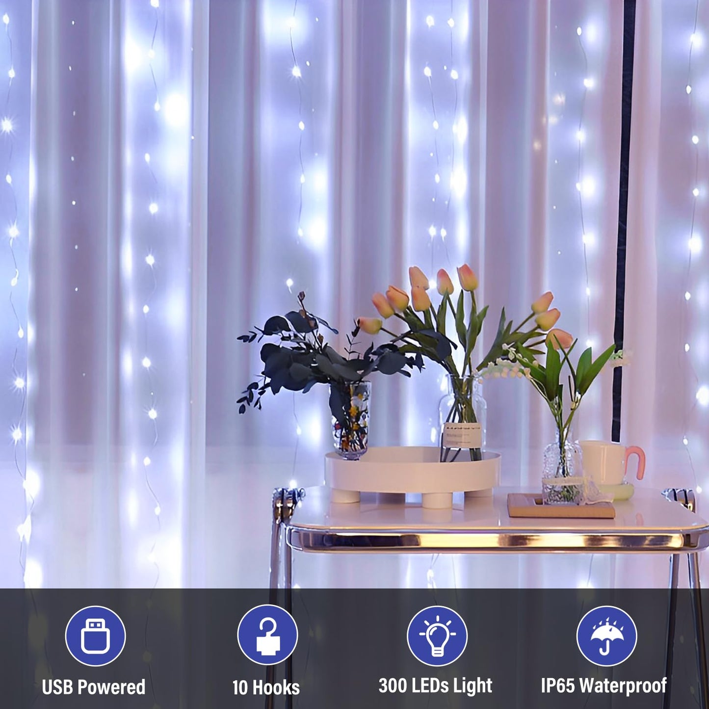 DOVORSY 2 Pc 300 LED Fairy Curtain Light,9.8x9.8Ft Cold White USB Plug in 8 Modes Christmas String Waterproof Lights for Bedroom,Wedding,Party,Garden,Outdoor&Indoor Wall Decorations Twinkle Lights