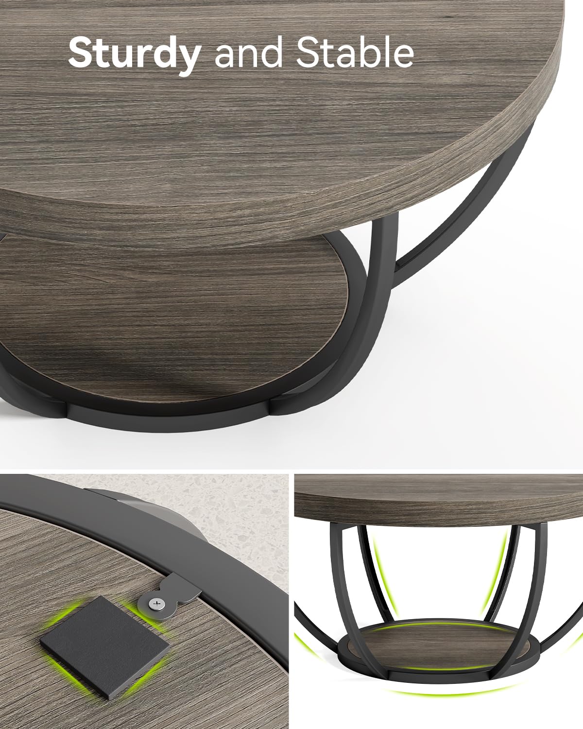 LITTLE TREE Round Coffee Table, 32" Circle Coffee Table for Living Room, 2-Tier Wood Accent Center Table with Open Storage Industrial Design Home Furniture (Grey and Black)