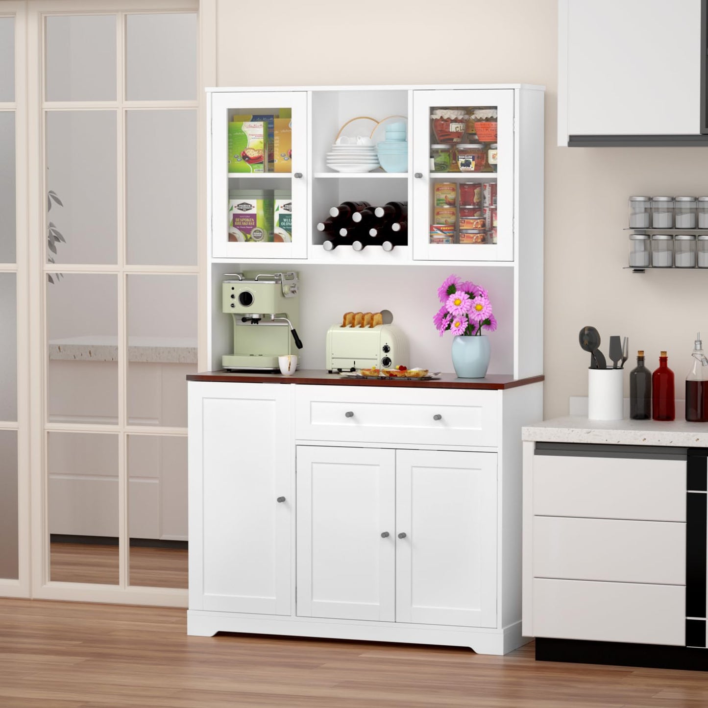 ANDSWANIE Kitchen Pantry Storage Cabinet,White Wood Tall Food Pantry Cabinet with Swing Out Doors,Microwave Stand and Storage,for Coffee Bar Farmhouse Buffet Kitchen Hutch Cabinets (White)