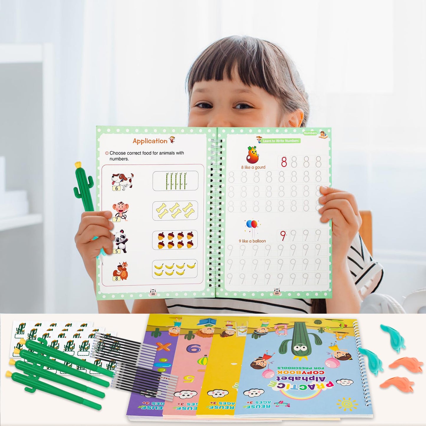 Magic Practice Copybook, Reusable Writing Practice Book, Grooved Handwriting Copybook Set for Preschool Kids Age 3-8 Calligraphy 5.7 * 7.9 inch (5 PCS with 5 Cactus Pens & A Storage Bag)