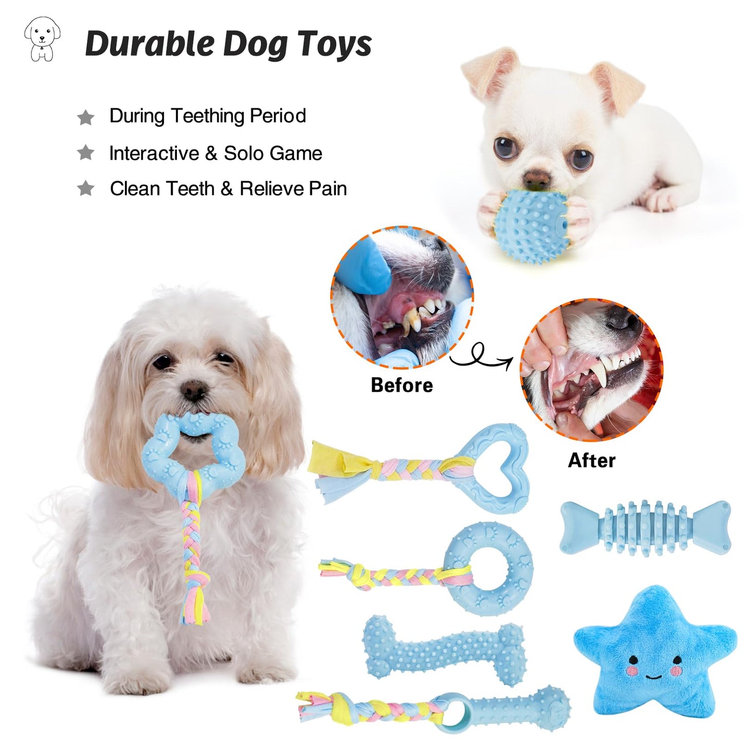 MRSOHRET Puppy Toys, 8 Pack Puppy Chew Toys for Teething, Cute Blue Small Dog Toys Set, Teething Toys for Puppies, Soft Durable Interactive Chew Toy for Small Dogs