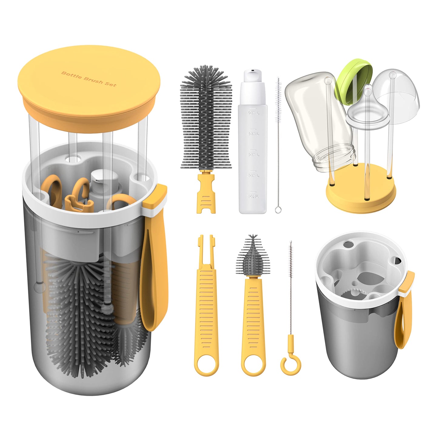 Baby Essential Travel Bottle Cleaner Kit with Silicone Bottle Brush,Built-in Snap-on Drying Rack,Silicone Nipple-Shaped Brush,2 Straw Brushes,Bottle Soap Dispenser,Bottle Warmer Bowl.(Pink)