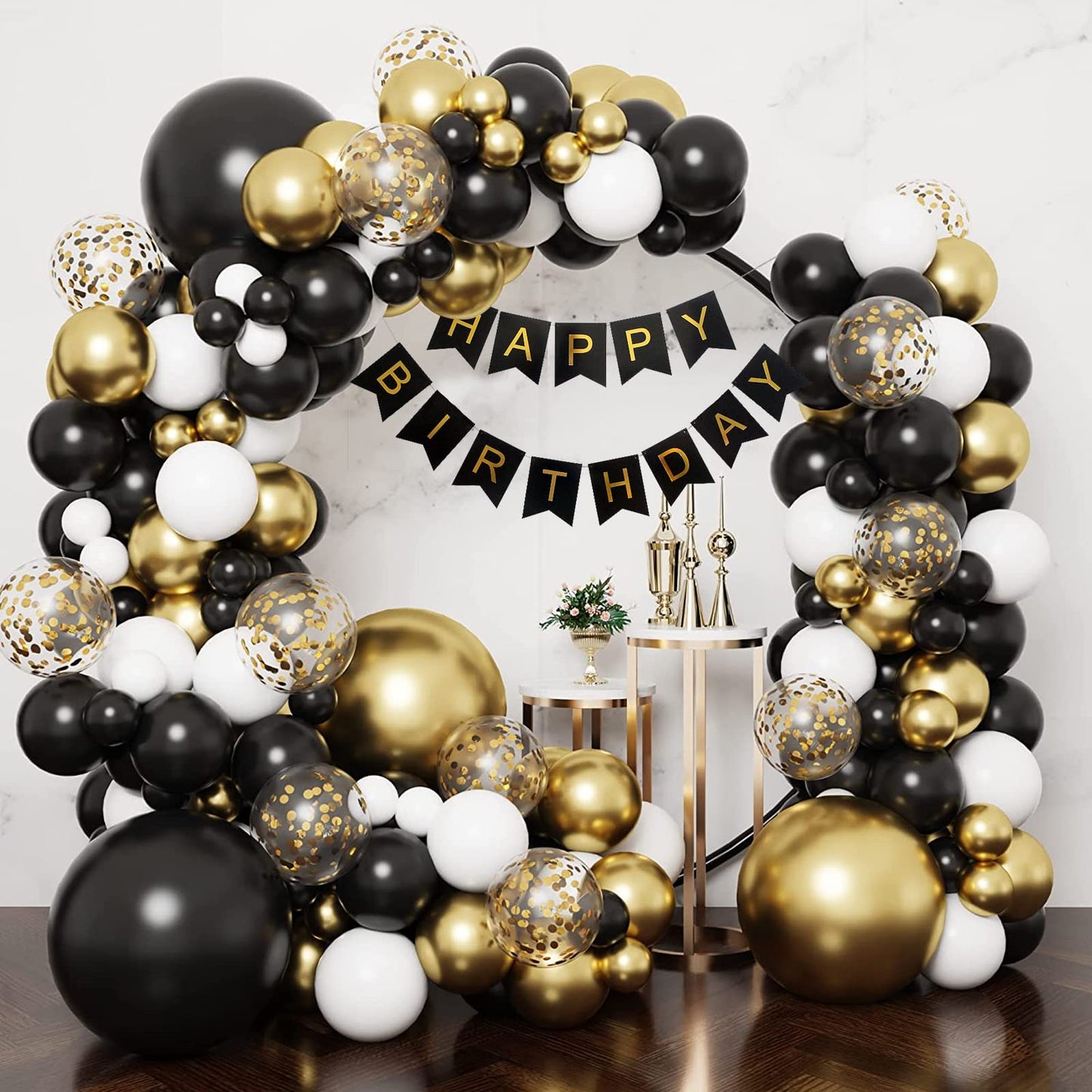 RUBFAC 65pcs 12 Inches Black Gold Confetti Balloons Kit, Metallic Gold and Black White Party Balloons with Ribbons for Birthday, Wedding, Baby Shower, Graduation, Happy New Year Decorations