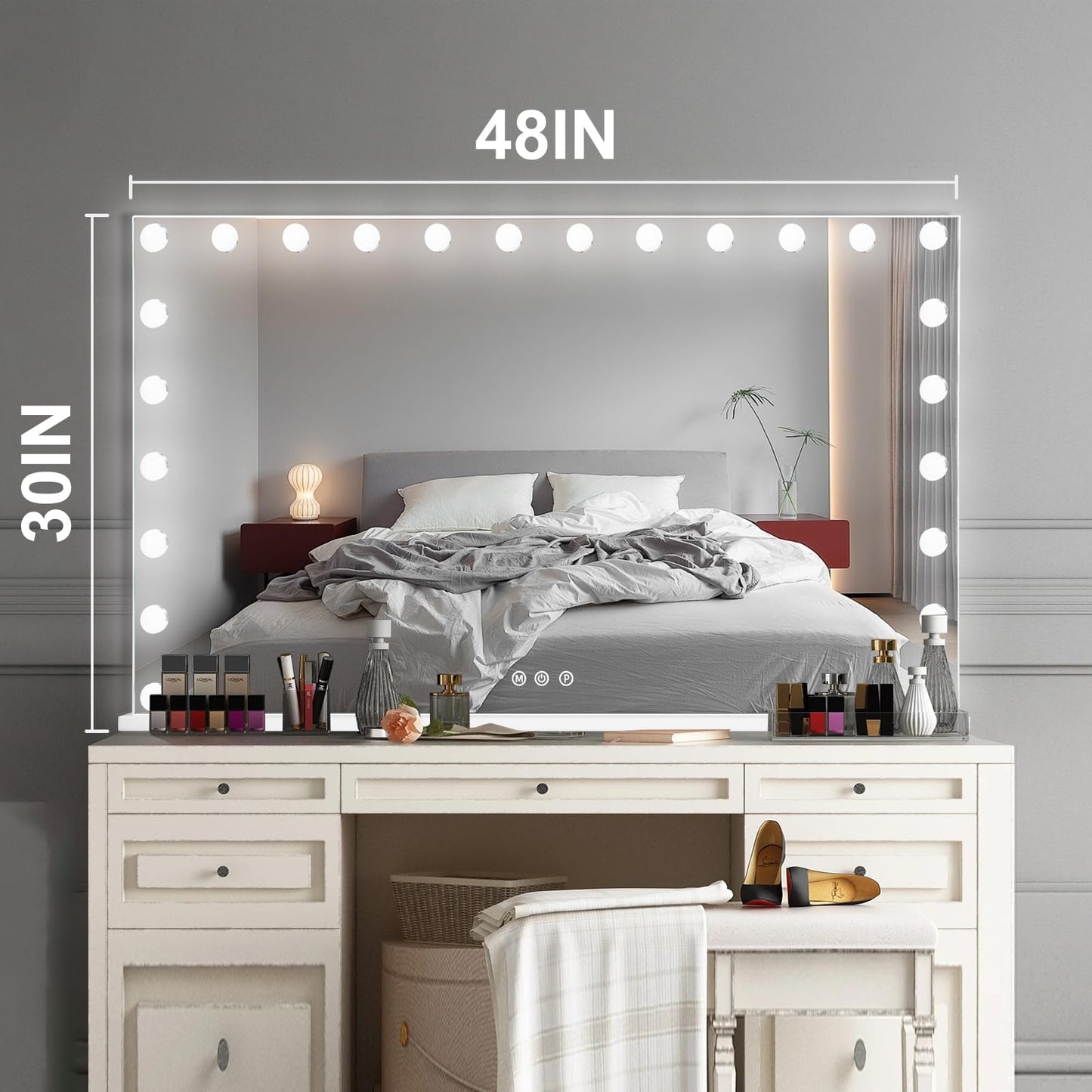 Ratsamee Hollywood Mirror with Lights, 24 Bulbs，3 Color Lights，Make Up Lighted Mirror, Aluminum Metal Frame,USB Charging Port（48" x 30"）