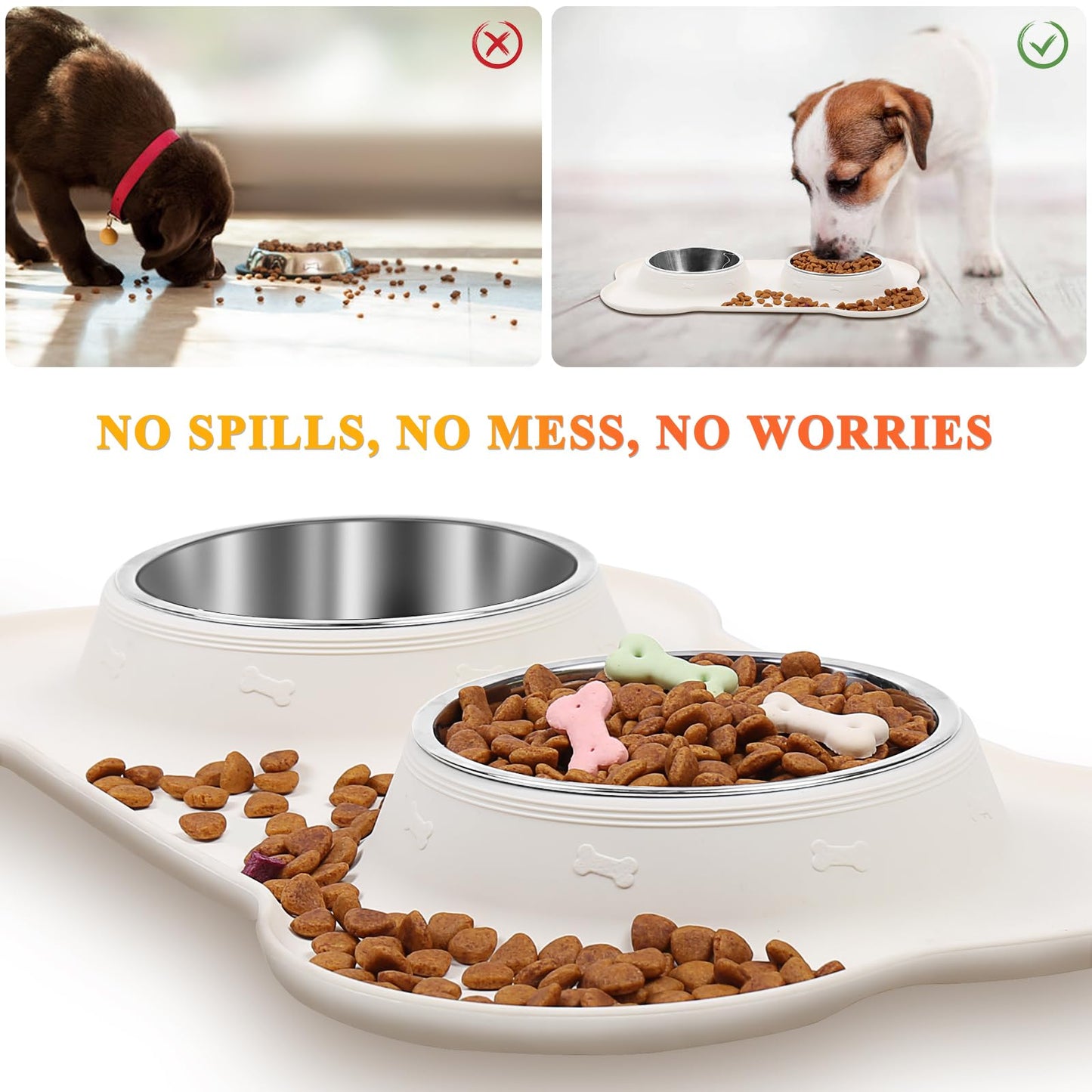 VIVAGLORY Dog Bowls, Dog Food Bowls, Stainless Steel Cat Puppy Water Bowls with Non Spill Skid Resistant Silicone Mat, Small, Ivory