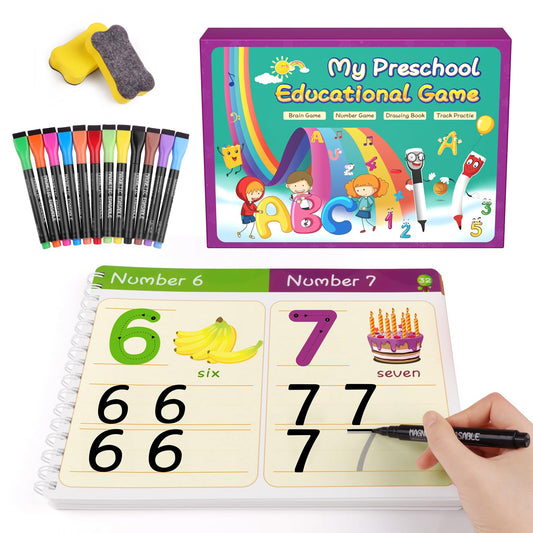 Preschool Learning Activity Educational Workbook 64Pages Toddler Prek Reusable Handwriting Practice Activity Tracing Toys Busy Book for Kids Gift,Autism Learning Material Book 12Markers Rose Purple