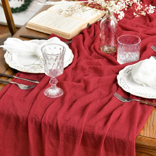 Artoid Mode Boho Cheesecloth Gauze Red Wedding Table Runner, 160 Inch Seasonal Christmas Fabric Kitchen Dining Holiday Table Decor for Home Party Indoor