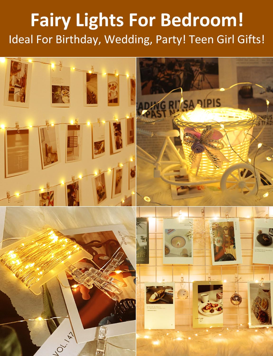 Photo Clip String Lights with Remote, 33FT 100 LED Battery Operated String Lights, Waterproof Copper Wire Starry Lights with 50 Clear Clips, Powered Fairy Lights for Teen Girl Gifts Bedroom 8 Modes