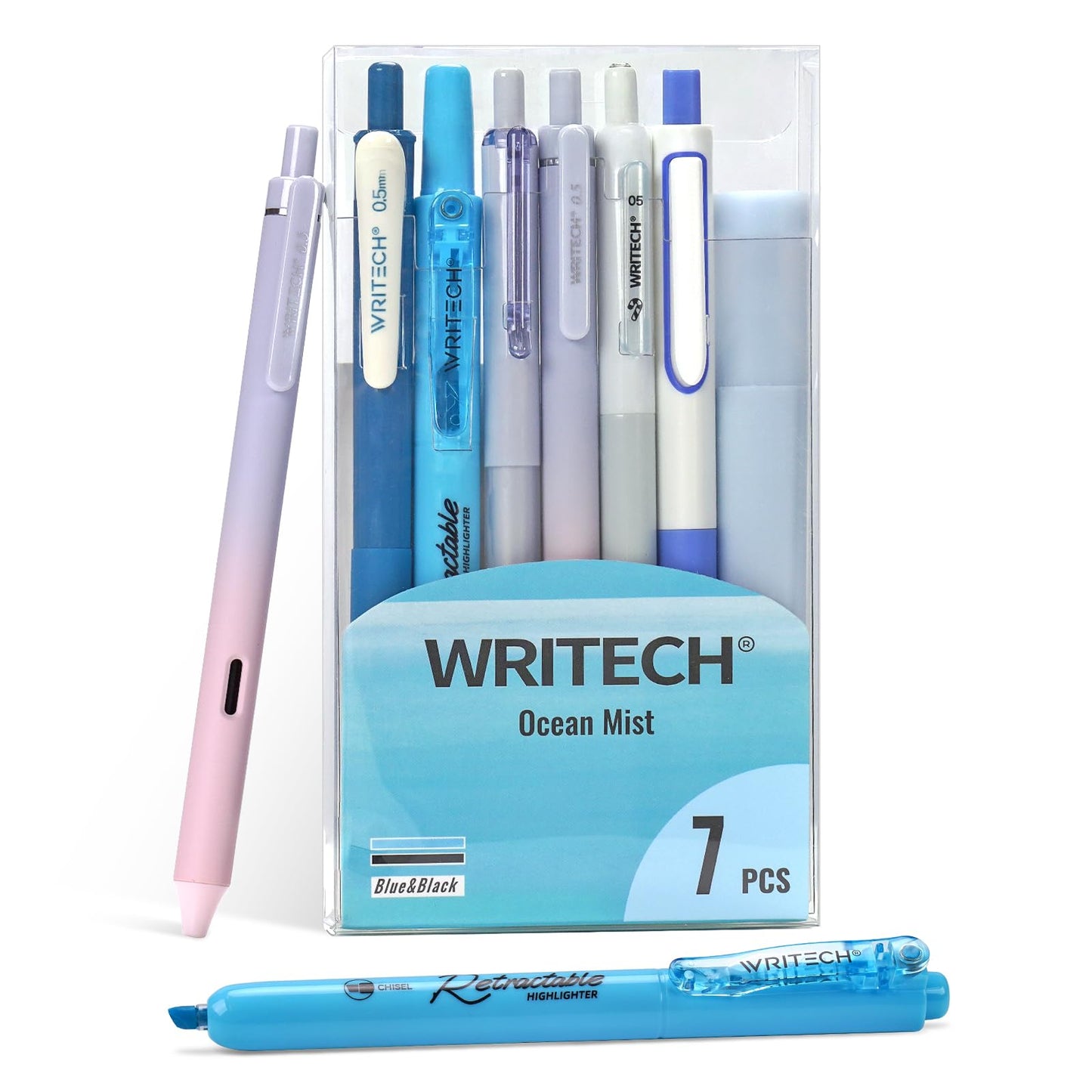 WRITECH Gel Pens Journaling Highlighters: Journal Set Aesthetic Assorted Pastel Color Ink 0.5mm Fine Point Retractable 0.7mm Black Pen Smooth Writing Drawing No Bleed 7ct (Pink)