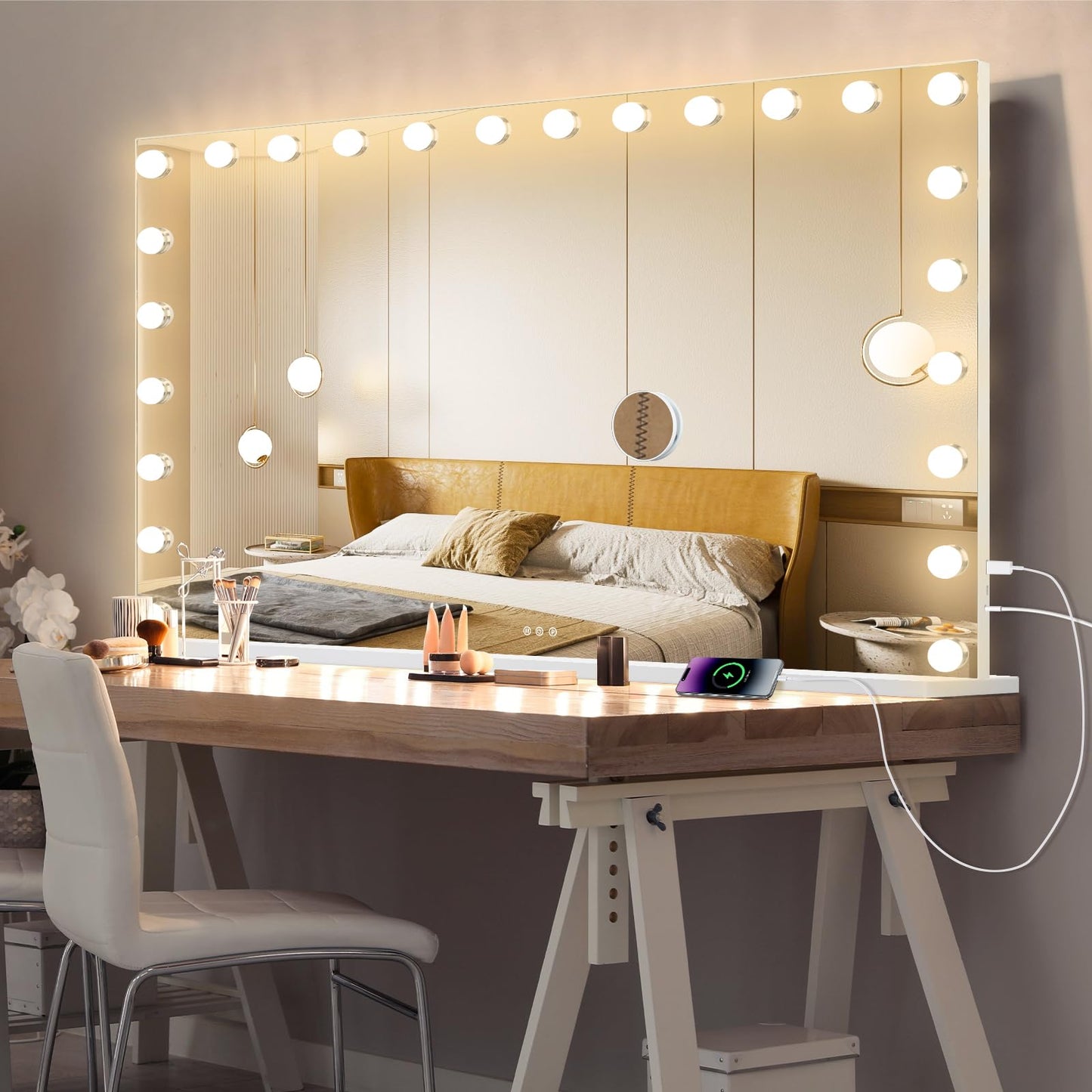Ratsamee Hollywood Mirror with Lights, 24 Bulbs，3 Color Lights，Make Up Lighted Mirror, Aluminum Metal Frame,USB Charging Port（48" x 30"）