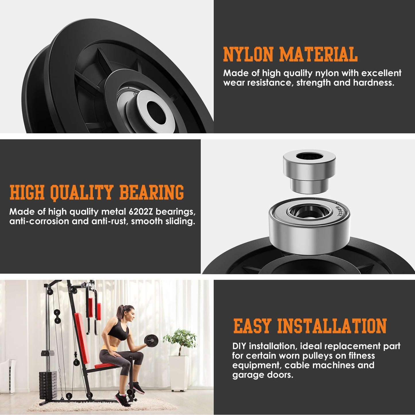 Anobeyi 90mm/3.5" Nylon Bearing Gym Pulley Wheel, Universal Exercise Replacement Pulleys for Home Gym Equipment Parts, Cable Machine Accessories, Garage Door Wheel System (Black-2pcs)