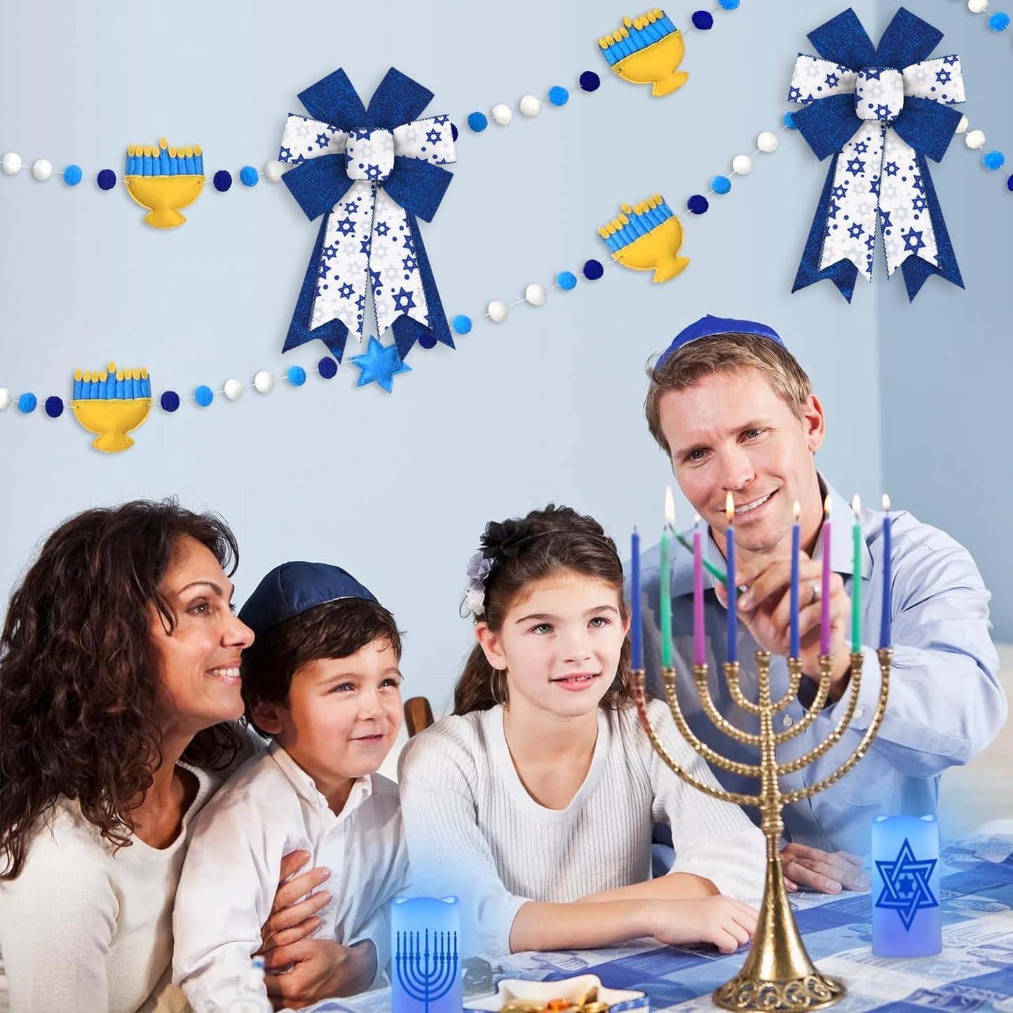 2 PCS Hanukkah Wreath Bows Chanukah Star of David Royal Blue White Ribbon Bows for Wreath, Medium Tree Topper Bows for Jewish New Year Party Home Indoor Outdoor Decoration Wreath Ornament Supplies